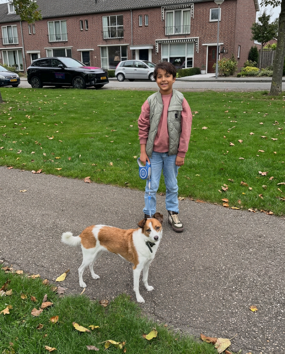 Beau loopt met een hond aan de riem op het kazerneterrein in Ede